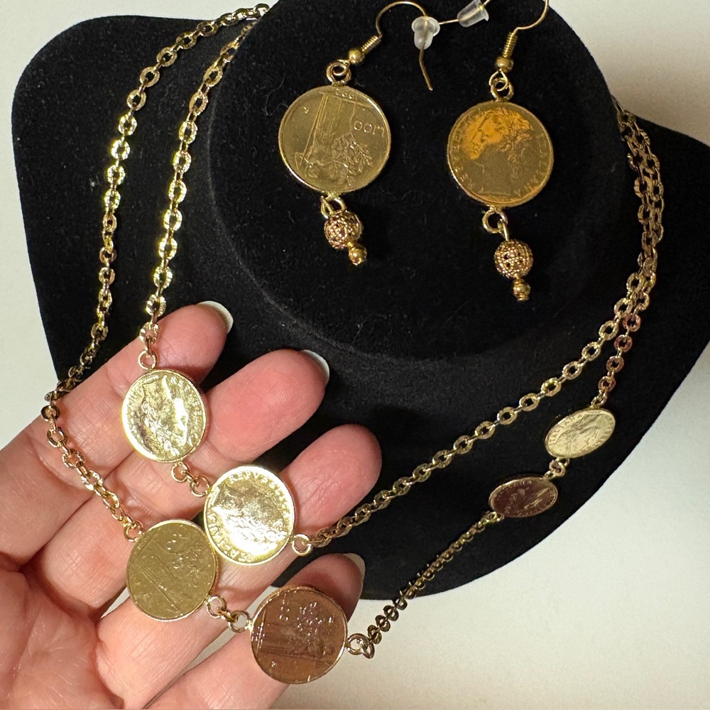 Bellezza 100 Lira Mini Coin Bronze Link Station Necklace and Earrings - New HSN